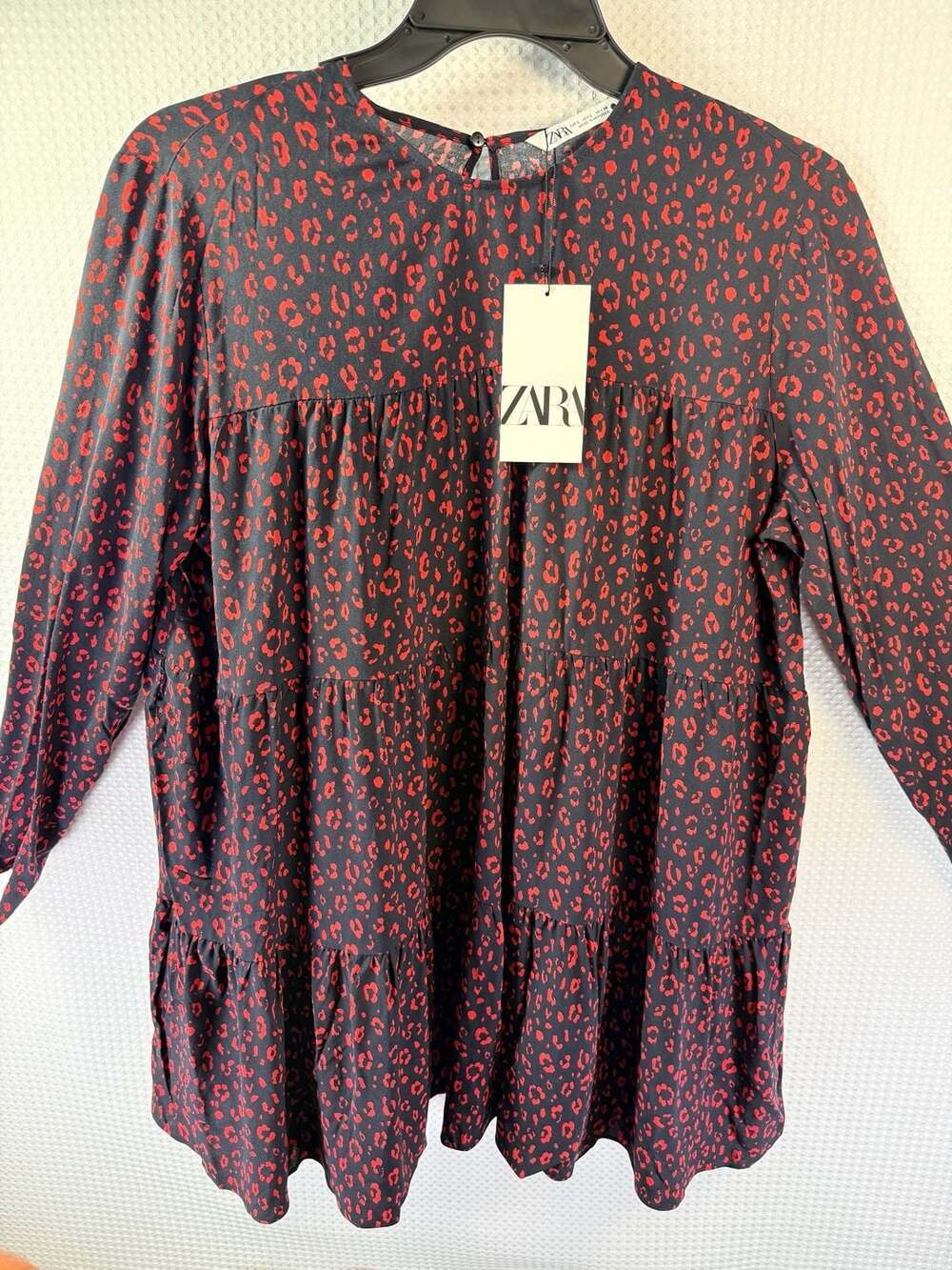 Zara Long Sleeve Tiered Animal Print Mini Dress in Red and Black - Picture 3 of 6